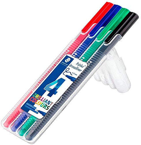 STAEDTLER 338 SB4 broadliner triplus (ergonomische Dreikantform, Dry Safe, Tinte auf Wasserbasis, Strichbreite 0,8 mm, auswaschbar, aufstellbare STAEDTLER Box mit 4 farblich sortierten Broadlinern)