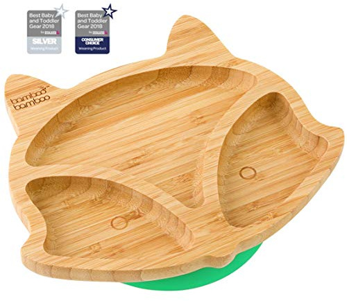bamboo bamboo ® Rävunge babytallrik med sugbas, grön, kraftfull avtagbar sugbas – naturlig bambu, BPA-fri babytallrik för matning utan spill