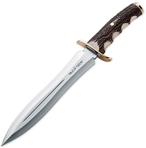Muela Cuchillo BW-24A hoja de acero ACX-380 de 24 cm y empuñadura de asta de ciervo para Caza, Pesca, Supervivencia y Bushcraft Realizado en Ciudad Real + Portabotellas de regalo