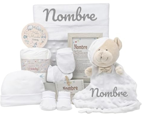 Mababyshop Velvet Canastilla Bebé Personalizada Unisex con Manta Burbujas, Dou Dou de Apego y Primera Puesta, Regalo Baby Shower, Blanco