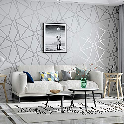 Prior.choice Rouleau de papier peint intissé texturé en relief pour chambre à coucher, salon, bleu, doré, argenté, motif géométrique abstrait, 10 x 0,53 m (l x L) = 5,3 ㎡ (gris argenté)