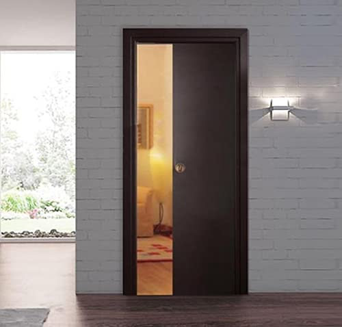 Porta scorrevole a scomparsa interno muro con CHIUSURA AUTOMATICA Ammortizzata in laminato Wengè Finitura Cromata