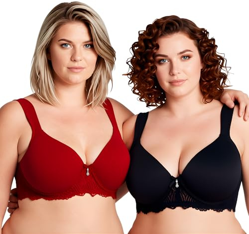 Curve Muse Damen Leicht Gepolstert Bügel Spitze BH mit gepolsterten Schultergurten-Schwarz, Wein-95C-V2
