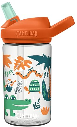 CamelBak Eddy+ Kids Bite Valve Straw Tritan Renew Water Bottle Orange Jungle Animals, 14oz