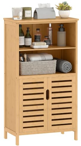 kleankin Badezimmerschrank aus Bambus Badschrank Naturholz 50 x 29 x 92 cm | Unterschrank, mit Lamellentüren, Beistellschrank, Mehrzweckschrank mit Kippschutz, Landhausstil