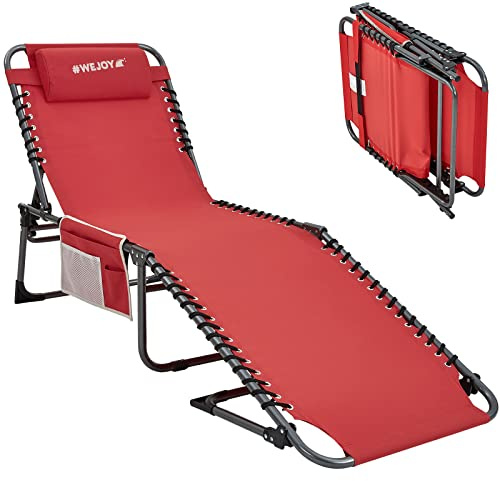#WEJOY Outdoor Klappbarer Chaiselongue Sessel für draußen, Terrasse, Strand, Pool, Sonnenbaden, verstellbare 5-Positionen-Liegestühle, Robustes Campingbett mit Schultergurt und Kissen, Rot