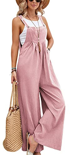 SotRong Women's Linen Dungarees UK Wide Leg Jumpsuit with Pocket Loose Fit Playsuits Summer Boho Romper Sleeveless Strappy Overalls, Pink (XXL=UK16, EURO42)