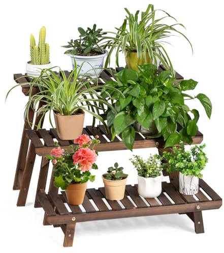 Étagère pour plantes en bois à 3 Etagères Interieur et extérieur, Support Plantes, Présentoir, Porte Plantes, Piédestal à Echelle pour Salon Balcon Terrasse Jardin