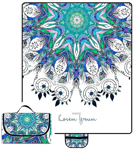 Picknickdecke 200x300cm,XXL Picknickdecke mit Wasserdichter Unterseite,Outdoor Stranddecke Sandfrei,mit Tragegriff Faltbare Picnic Blanket für Camping,Strand,Familie,Konzerte Buntes Federn-Mandala