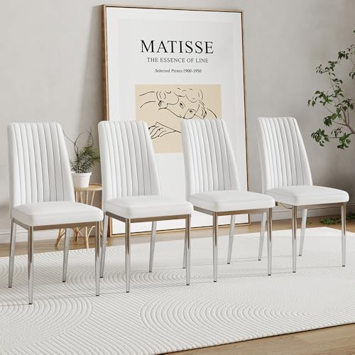 RDUEEI White Leather Chair, Modern Dining Chair Set of 4 with PU Leather and Chrome Leg, Sillas de Comedor with High Back for Dining Room, Kitchen, Living Room (WH-4)