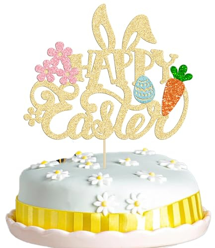 Gyufise 1 Pack Happy Easter Cake Topper Glitter Bunny Ear Cake Pick Decorations for Happy Easter Spring Themed Baby Shower Kids Birthday Cake Decoration Party Supplies Gold