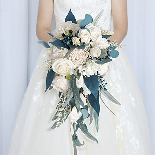 Fouriding Brautsträuße für Hochzeit Künstliche Seidenblumen Blau Champagner Hochzeitsstrauß Wasserfall Wassertropfen Hochzeitsstrauß für oder Zeremonie Jubiläumsbrautdusche Party Home Dekoration