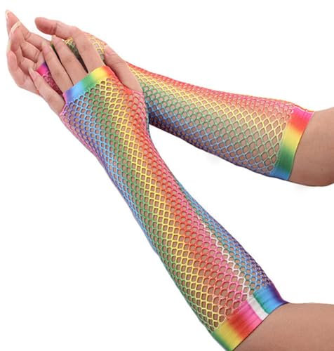 TIMIYUYU Netzhandschuhe Regenbogenfarben Fingerlose Handschuhe Lang Netzhandschuhe Netz Mesh Handschuhe Regenbogen Netz Armstulpen Mesh Handschuhe für 80er Retro Party Karneval (Hot Pink, One Size)
