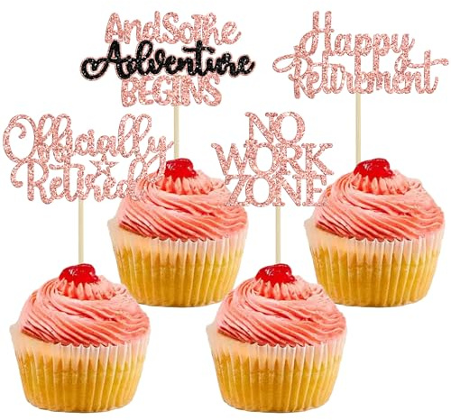 Gyufise 24Pcs Happy Retirement Cupcake Toppers Officially Retired Cupcake Picks No Work Zone Adventure Begins Cake Decorations for Retirement Theme Farewell Birthday Party Supplies Rose Gold