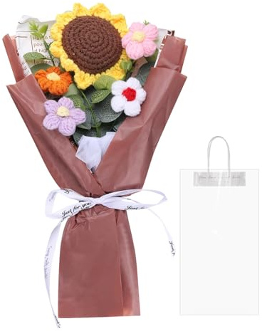 QUARKZMAN Mazzo Fiori Uncinetto, Bouquet Girasoli Fatti a Mano, Bouquet Fiori Artificiali Uncinetto per Festa Mamma Compleanni, Matrimoni, Lauree, Rosa