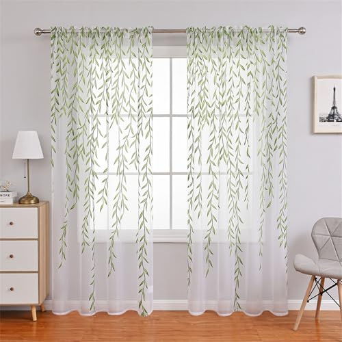 Odot Tende Semi Trasparenti per Interni, Motivo Foglia di Salice Tenda Voile con Tasca per Asta Tenda Filtranti Finestra 2 Pannelli Tende Camera da Letto Moderna per Soggiorno (100x200cm,Verde)