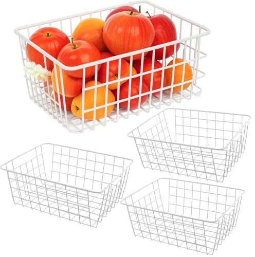 MUKSEUT Lot de 4 paniers de rangement en fil métallique avec poignée pour armoire, salle de bain, cuisine, garde-manger - 28,5 x 22 x 12 cm - Blanc