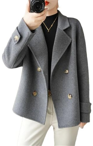 Hndudnff Cappotto di lana da donna a doppio petto cappotto di lana da ufficio cappotto di lana corto sottile tinta unita, Grigio 9, L