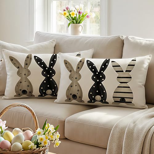 Vorysum 2er Set Ostern Kissenbezug 30x50 cm Kaninchen Osterdeko Sofakissen Ostereier Kissenbezüge Schwarz Kissen Frühling Sommer Happy Easter Kissenbezug Deko Urlaubsparty Picknick Outdoor Garten