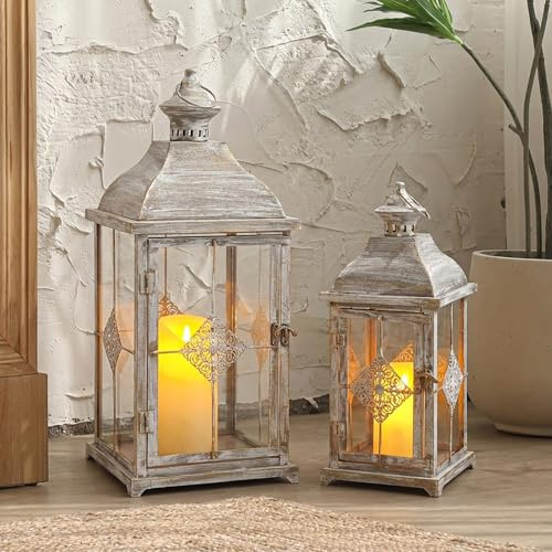 TRIROCKS 50 cm och 38 cm H Stor dekorativ ljuslykta antik grå borste utomhus lykta set med härdat glas metallljushållare för veranda idealisk för trädgårdar vår heminredning inomhus utomhus