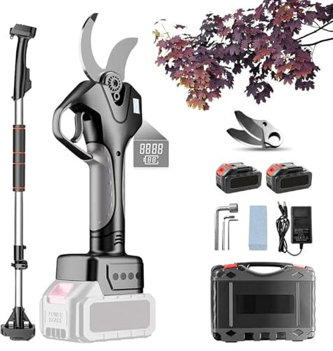 Tijeras de Podar Eléctricas Inalámbricas con Pértiga Telescópica de 210cm y 2 * 2.0Ah Baterías, Corta Ramas de hasta 45mm, Pantalla LCD, Hojas SK5, Ideal para Setos, Árboles Frutales y Viñedos