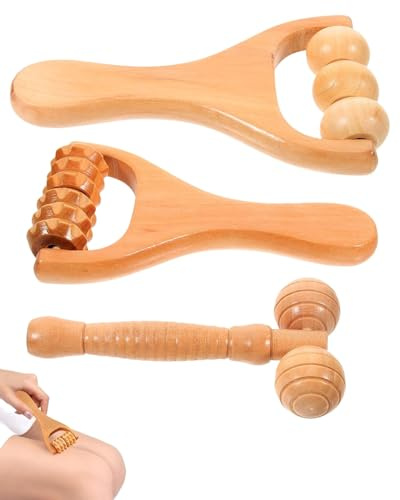 TPZORJX 3 Stück Holz Massageroller,Therapeutische Massage Werkzeuge aus Holz mit Griff,Faszienrolle Massagegerät für Nacken Schulter Beine Füße Gesicht Rücken