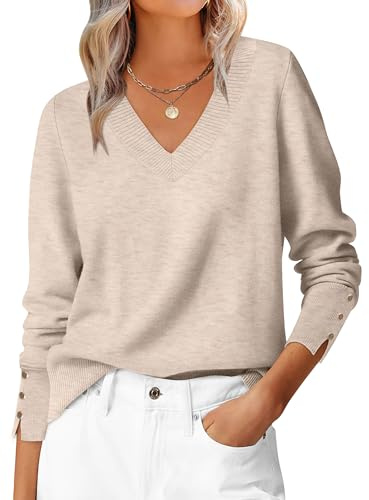 ANRABESS Lightweight Sweaters for Women Long Sleeve V Neck Shirts Business Casual Work Blouses 2025 Fall Knit Pullover Tops Almond Large