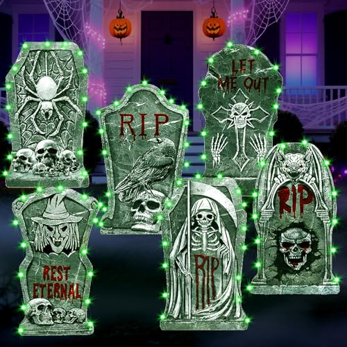 6 Stück Halloween Glühendes Grabsteine Deko mit 6 Stück Lichterkette, Halloween Friedhof Dekorationen, Grabstein Requisiten für Friedhof Zombie Party Garten Dekoration
