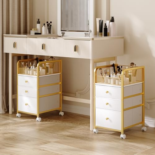 ZQUYAJ Rolling Makeup Organizer Cart with 3 Drawers, Under Desk Vanity Makeup Storage Cart, Bathroom Storage Cart Cosmetic Display Cases Cabinet for Nail Polish, Brushes & Hair Tools, Gold