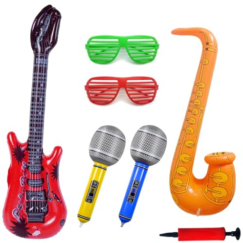Set di 7 Strumenti Gonfiabili, Includere 1 Chitarra Gonfiabile, 2 Microfoni, 1 Sassofoni, 1 Pompa, 2 Occhiali, Accessori per Feste Gonfiabili, Decorazione per Feste, Photo Booth Puntelli
