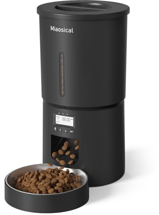 Miaosical automatisk kattmatare med enkel skål, 4,2 L torrmattratt, programmerbara måltider, portionskontroll, röstmeddelande, dubbel effekt (svart, 4,2 L rostfri enkel skål)