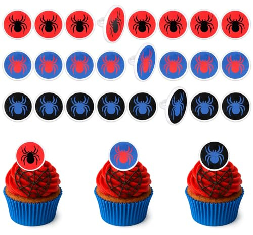 24stk Spinnen Cupcake Ringe, Spinnen Motiv Geburtstagsparty Deko Cartoon Cupcake Topper Geburtstagstorte Deko für Jungen Kinder Party Mitgebsel Klassenraum Belohnungen (Rot, Blau, Schwarz)
