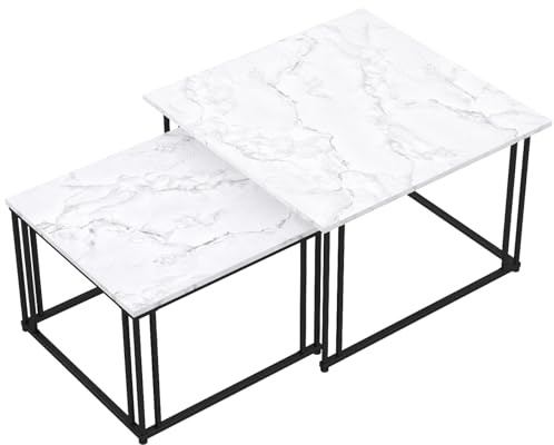 ZZINOKE Couchtisch 2er Set, 80x80x49cm & 60x60x42cm,Wohnzimmertisch Modern,Weiß Imitation Marmor mit Metallgestell,Satztische fürs Wohnzimmer,Quadrat