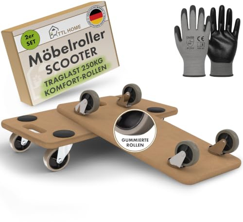 TTL HOME Möbelroller 2er Set Scooter 58x30x11cm 250kg Traglast 360° Rollen | - Rollbrett Transportroller mit Gummirollen & 5 Anti-Rutsch-Pads Stabiler Rollwagen für schwere Gegenstände Outdoor & Indoor