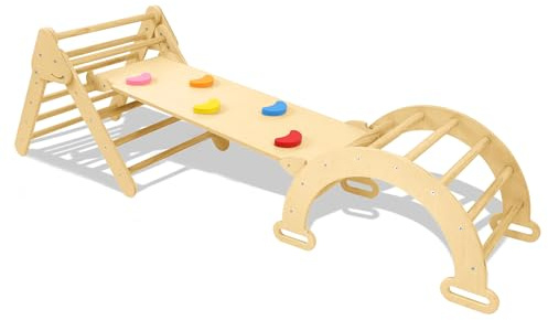 LZQ 3-in-1 Kletterdreieck & Leiter & Rutsche aus Holz, Indoor & Outdoor Balance- und Fitnessgerät, Multifunktionales Aktiv- und Trainingsgerät, Kletterbogen, Rutschbrett
