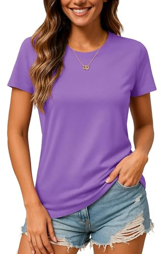 TACVASEN Damen T-Shirt Baumwolle Rundhals Sommer Tshirt Basic Oberteil Lässig Shirt Kurzarm Cotton Einfarbig Tops