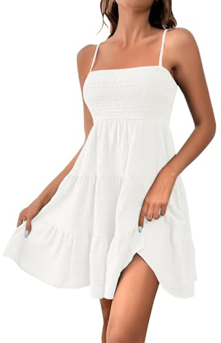 Vestido de mujer de algodón de lino natural, tirantes finos, partido fruncido, dobladillo volante romántico, corte A‑Line Fluido y Corto, ideal para la playa y en los días soleados