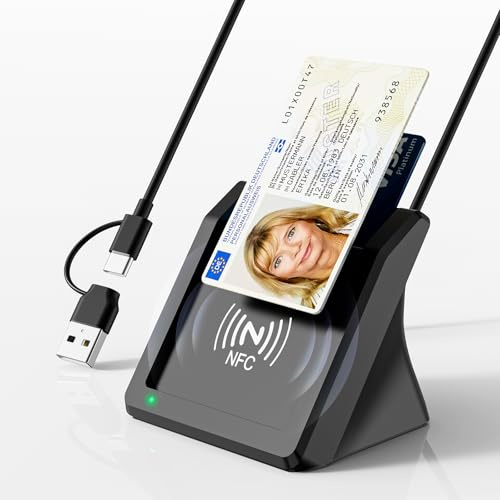 2-in-1 USB-A+USB-C Chipkartenleser mit NFC, Smart Kartenlesegerät für den neuen Personalausweis Bankkarten,DOD Military Kartenleser USB Smart Card Reader Kompatibel mit Windows/Linux/Android/PC/Laptop