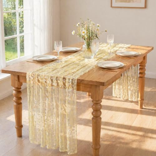 Gänseblümchen Tüll Tischläufer mit Blumenmuster, Moderner Tischdeko Tischläufer 75x300 cm für Hochzeit Party Deko, Küche Esstisch, Outdoor, Tischband Tischdeko für Feiertage, Modern Läufer Gelb