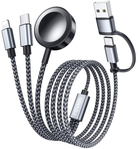 RAVIAD 3 en 2 Cargador Apple Watch para Apple Watch, USB C y Lightning 1.2M | Cargador Múltiple USB para iWatch Ultra/SE/11/10/9/8/7/6/5/4/3/2/1, iPhone 17/16/15/14/13/12/11, Galaxy S26/S25/S24