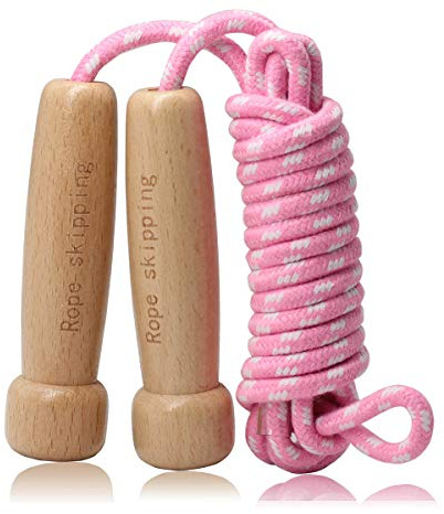Hopprep vuxen, justerbart hopprep i bomull med trähandtag för kvinnor män barn fitness träning rosa 3 m