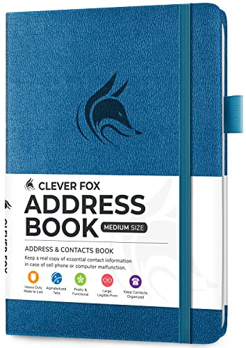 Clever Fox Address Book with alphabetic tabs - PU Leather Telephone and Address Book for Keeping Contacts Safe, Contact Organizer Journal, Medium Size (5.3″ x 7.7″) Hardcover, Mystic Blue