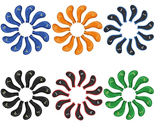 Big Teeth Golf Iron Head Covers Long Neck Protector 11Pcs/set (3-9.P.A.S.L) Zipper Closure Mulit Colors Fit for Titleist, Callaway, Ping, Taylormade, Cobra (black&red)