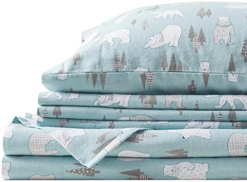 Comfort Spaces Parure de lit 3 pièces en Flanelle de Coton Respirante et Chaude avec taies d'oreiller, pour lit Simple, Ours Polaire Bleu