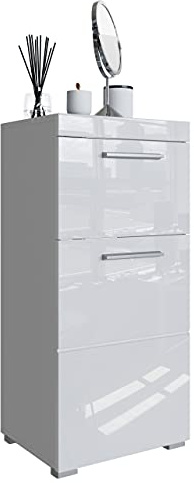 Newroom Kommode Badezimmer Weiß Hochglanz mit viel Stauraum - 37x79x31 cm (BxHxT) - Badezimmerschrank Badkommode Badezimmermöbel - [Trinity.Ten]