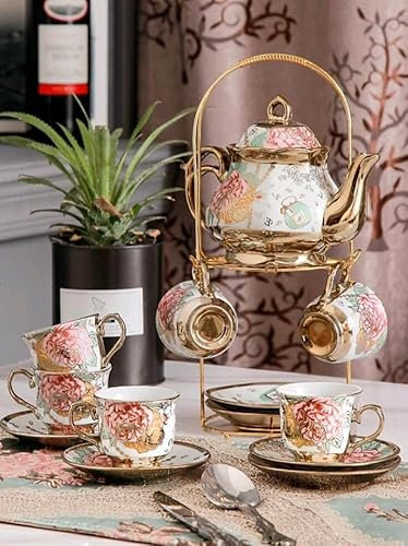 Juego de te completo de ceramica tetera con filtro y tapa 6 tazas con plato de ceramica. cafetera de ceramica y base de metal dorado