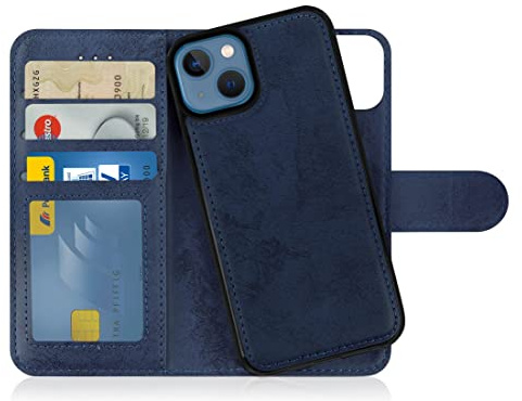 MyGadget Flip Case für iPhone 13 - [ abnehmbare Magnet Hülle ] - Handyhülle aus Kunstleder - [ Klapphülle mit Kartenfach ] Schutzhülle in Dunkelblau