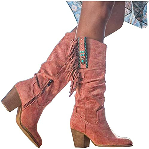 LONG-M Damen Stiefel Mit Absatz Fransen Stiefel Kniehohe Stiefeletten Flache Absätze Fransen Warm Cowboy-Stiefel Lange Schuhe Boots,Rot,37