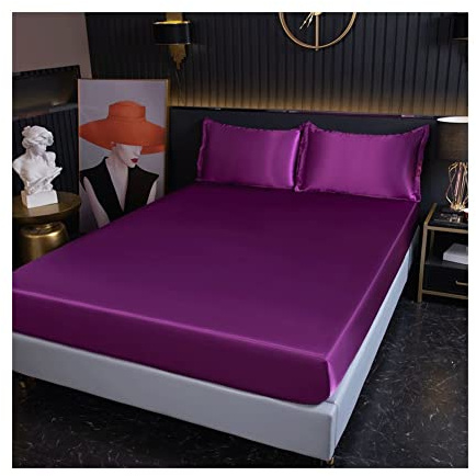 Satin dra-på-lakan 180x200cm Spännlakan mjuk silkeslen Satin Fitted Sheet silke Bed Lakan Enkel hotellkvalitet sängkläder 1 stycke satin Madrasskydd (Color : Dark purple, Size : 180x200+25cm)