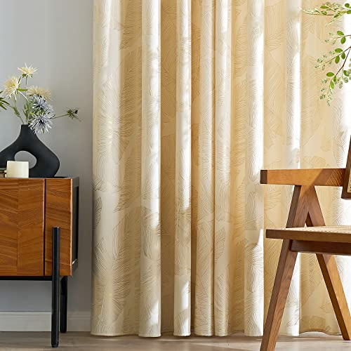 MIULEE Samtvorhänge mit Goldfolie Blättermuster, 2 cremefarbene Vorhänge mit Ösen, 140 x 224 cm, Raumverdunkelungsvorhänge für Wohnzimmer, Schlafzimmer